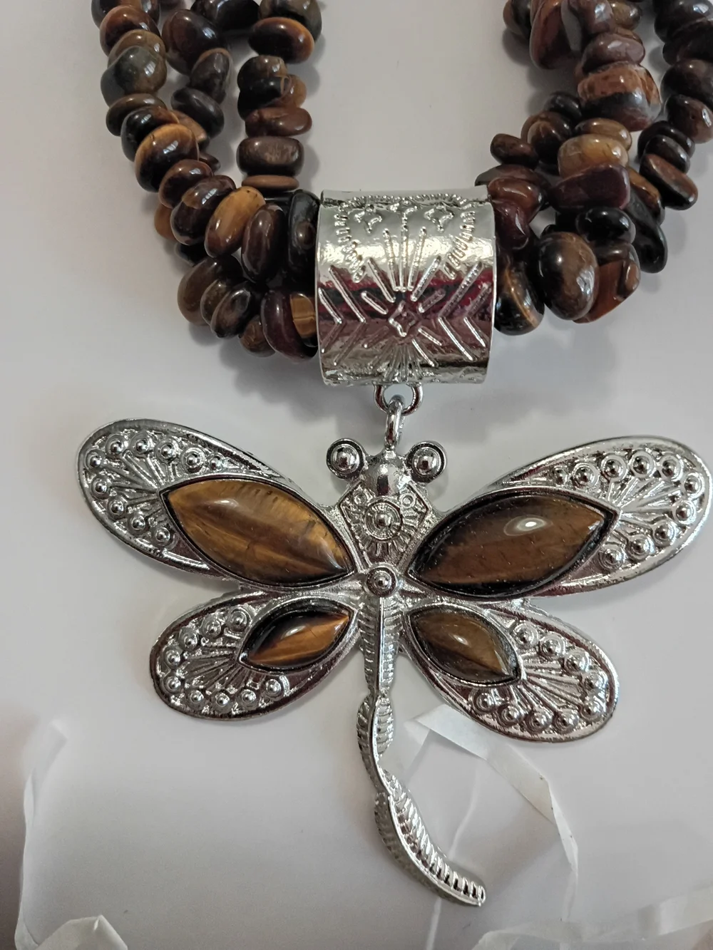 JTV Brown Tiger Eye Multi-Strand Necklace with Silver Dragonfly Pendant